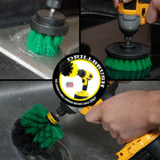 Action shots of a Medium Green Original brush cleaning the drain in a sink, a Medium Green 2 inch Short Drillbrush cleaning around a sink, and a Medium Green 4 inch Drillbrush cleaning a stovetop.