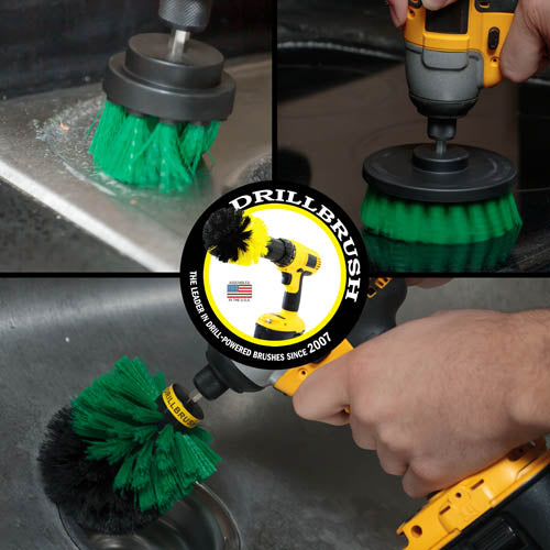 Action shots of a Medium Green Original brush cleaning the drain in a sink, a Medium Green 2 inch Short Drillbrush cleaning around a sink, and a Medium Green 4 inch Drillbrush cleaning a stovetop.