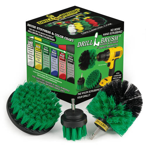 The Drillbrush 42O Medium Green Kitchen Brush Kit in front of the box it comes in.