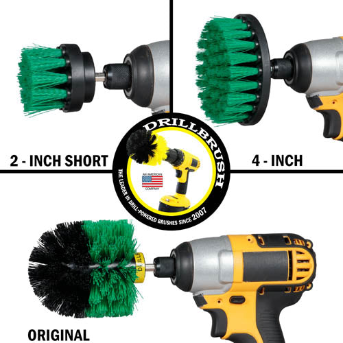 Images of the Drillbrush 2 inch Short, 4 inch, and Original Medium Green Kitchen Brushes in cordless drills.