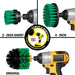 Images of the Drillbrush 2 inch Short, 4 inch, and Original Medium Green Kitchen Brushes in cordless drills.