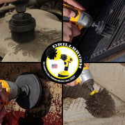 Action shots of an Ultra Stiff Black Original brush cleaning grill grates, an Ultra Stiff Black 2 inch Short Drillbrush cleaning an engine block, an Ultra Stiff Black 4 inch Drillbrush cleaning a grill burner shield, and an Ultra Stiff 2 inch Long Drillbrush cleaning grill grates.