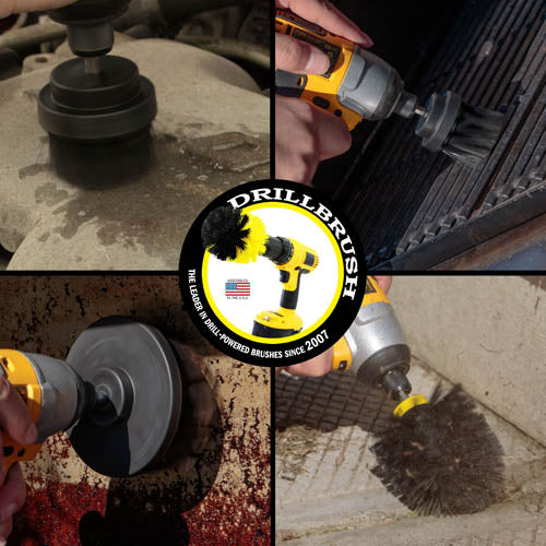 Action shots of an Ultra Stiff Black Original brush cleaning grill grates, an Ultra Stiff Black 2 inch Short Drillbrush cleaning an engine block, an Ultra Stiff Black 4 inch Drillbrush cleaning a grill burner shield, and an Ultra Stiff 2 inch Long Drillbrush cleaning grill grates.