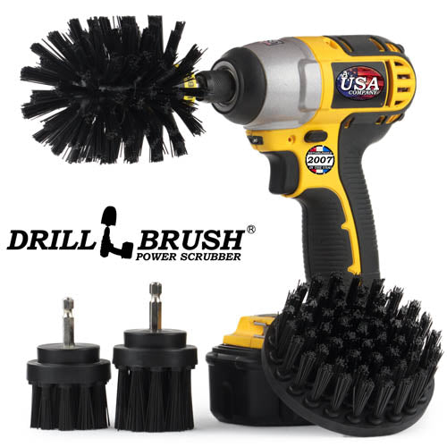 Drillbrush 42OS-2L Ultra Stiff Black Grill & Industrial Brush Kit with an Original brush in a cordless drill.