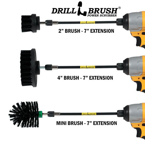 Images of the Drillbrush 2 inch Short, 4 inch, and Mini Ultra Stiff Black Grill & Industrial Brushes in 7 inch extensions in cordless drills.