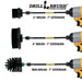 Images of the Drillbrush 2 inch Short, 4 inch, and Mini Ultra Stiff Black Grill & Industrial Brushes in 7 inch extensions in cordless drills.