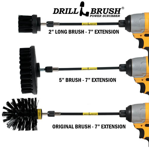 Images of the Drillbrush 2 inch Long, 5 inch, and Original Ultra Stiff Black Grill & Industrial Brushes in 7 inch extensions in cordless drills.