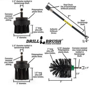 Specs for the Drillbrush 2 inch Short, 2 inch Long, and Mini Ultra Stiff Black Grill & Industrial Brushes, as well as the 7 inch extension.