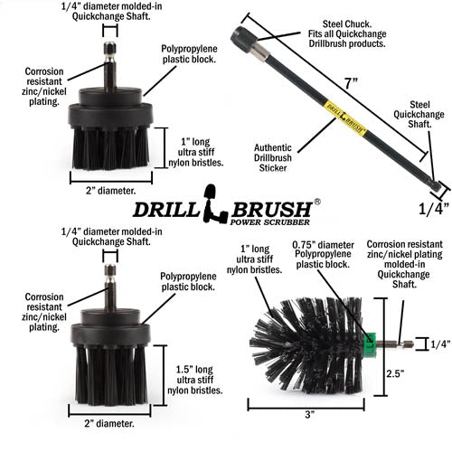 Specs for the Drillbrush 2 inch Short, 2 inch Long, and Mini Ultra Stiff Black Grill & Industrial Brushes, as well as the 7 inch extension.