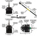 Specs for the Drillbrush 2 inch Short, 2 inch Long, and Mini Ultra Stiff Black Grill & Industrial Brushes, as well as the 7 inch extension.