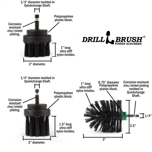 Specs for the Drillbrush 2 inch Short, 2 inch Long, and Mini Ultra Stiff Black Grill & Industrial Brushes.