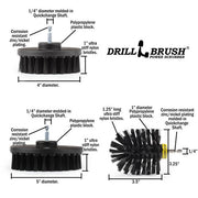 Specs for the Drillbrush 4 inch, 5 inch, and Original Ultra Stiff Black Grill & Industrial Brushes.