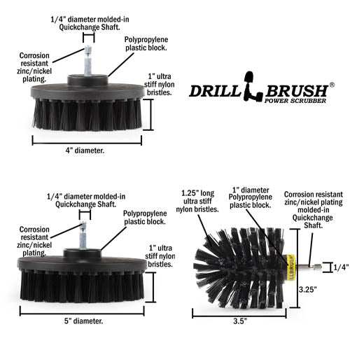 Specs for the Drillbrush 4 inch, 5 inch, and Original Ultra Stiff Black Grill & Industrial Brushes.