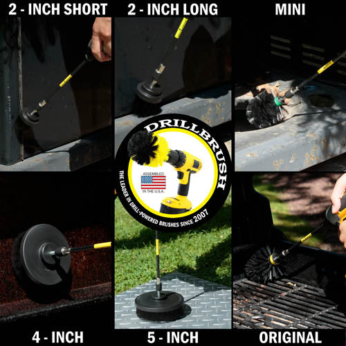 Action shots of an Ultra Stiff Black Original Drillbrush in a 7 inch extension cleaning grill grates, Ultra Stiff Black 2 inch Short and Long brushes in 7 inch extensions cleaning the base of a grill, an Ultra Stiff Black Mini Drillbrush in a 7 inch extension cleaning in a grill cabinet, an Ultra Stiff Black 4 inch Drillbrush in a 7 inch extension cleaning the hood of a grill, and an Ultra Stiff Black 5 inch Drillbrush in a 7 inch extension cleaning diamond plating.