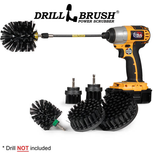 Drillbrush 542OMS-2L-7X Ultra Stiff Black Grill & Industrial Brush Kit with an Original brush in a 7 inch extension in a cordless drill.