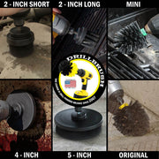 Action shots of an Ultra Stiff Black Original brush cleaning grill grates, an Ultra Stiff Black 2 inch Short Drillbrush cleaning an engine block, Ultra Stiff 2 inch Long and Mini brushes cleaning grill grates, an Ultra Stiff Black 4 inch Drillbrush cleaning a grill burner shield, and an Ultra Stiff 5 inch Drillbrush cleaning a concrete floor.