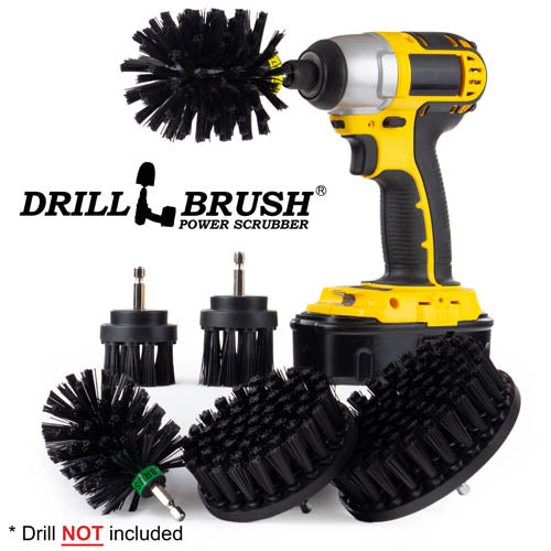 Drillbrush 542OMS-2L Ultra Stiff Black Grill & Industrial Brush Kit with an Original brush in a cordless drill.