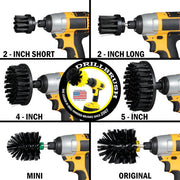 Images of the Drillbrush 2 inch Short, 2 inch Long, 4 inch, 5 inch, Mini, and Original Ultra Stiff Black Grill & Industrial Brushes in cordless drills.
