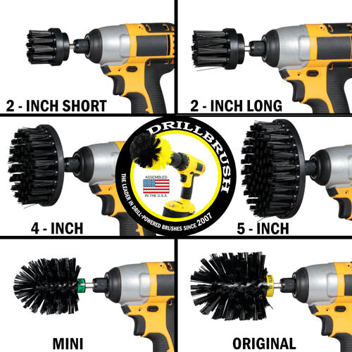 Images of the Drillbrush 2 inch Short, 2 inch Long, 4 inch, 5 inch, Mini, and Original Ultra Stiff Black Grill & Industrial Brushes in cordless drills.