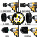 Images of the Drillbrush 2 inch Short, 2 inch Long, 4 inch, 5 inch, Mini, and Original Ultra Stiff Black Grill & Industrial Brushes in cordless drills.
