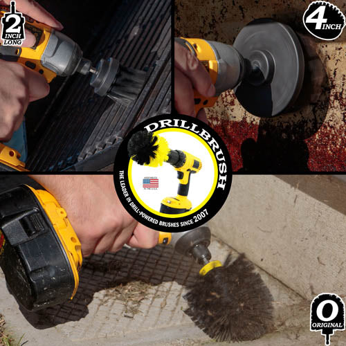 Action shots of an Ultra Stiff Black Original brush cleaning stone tiles, an Ultra Stiff Black 2 inch Long Drillbrush cleaning grill grates, and an Ultra Stiff Black 4 inch Drillbrush cleaning a grill hood.