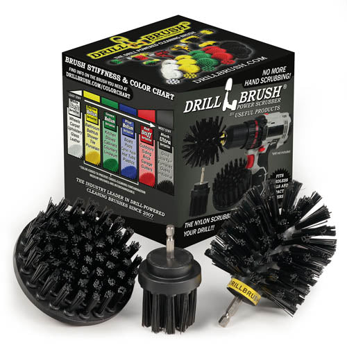 The Drillbrush 4OS-2L Ultra Stiff Black Grill & Industrial Brush Kit in front of the box it comes in.