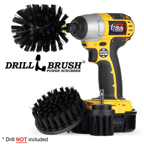 Drillbrush 4OS-2L Ultra Stiff Black Grill & Industrial Brush Kit with an Original brush in a cordless drill.