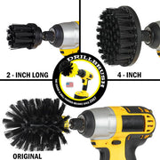 Images of the Drillbrush 2 inch Long, 4 inch, and Original Ultra Stiff Black Grill & Industrial Brushes in cordless drills.