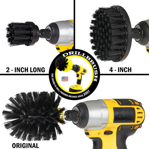 Images of the Drillbrush 2 inch Long, 4 inch, and Original Ultra Stiff Black Grill & Industrial Brushes in cordless drills.