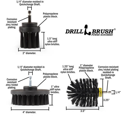 Specs for the Drillbrush 4OS-2L Ultra Stiff Black Grill & Industrial Brush Kit.