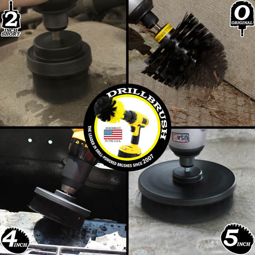 Action shots of an Ultra Stiff Black Original brush cleaning grill grates, an Ultra Stiff Black 2 inch Short Drillbrush cleaning an engine block, an Ultra Stiff Black 4 inch Drillbrush cleaning a grill burner shield, and an Ultra Stiff 5 inch Drillbrush cleaning a concrete floor.