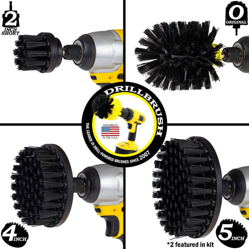 Images of the Drillbrush 2 inch Short, 4 inch, 5 inch, and Original Ultra Stiff Black Grill & Industrial Brushes in cordless drills.