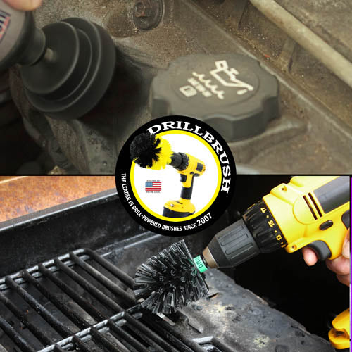 Action shots of an Ultra Stiff Black 2 inch Drillbrush cleaning an engine block and an Ultra Stiff Black Mini Drillbrush cleaning a grill grate.