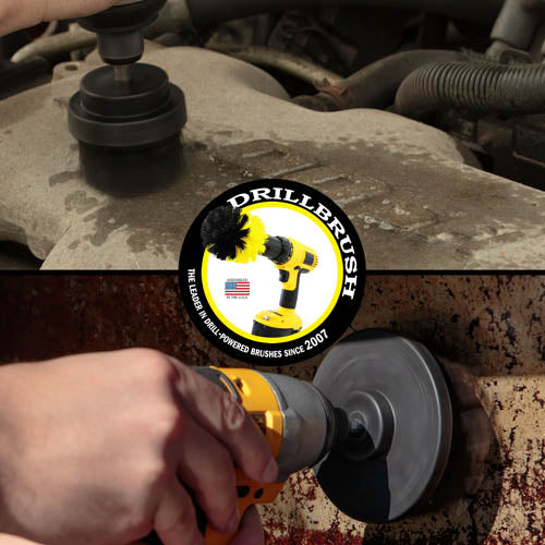 Action shots of an Ultra Stiff Black 2 inch Short Drillbrush cleaning an engine block and an Ultra Stiff Black 4 inch Drillbrush cleaning a grill hood.