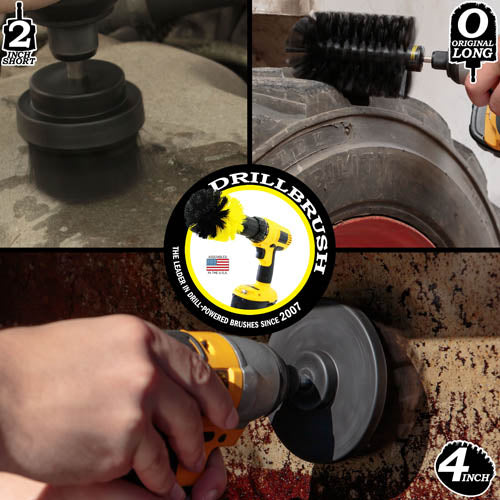 Action shots of an Ultra Stiff Black Original Jumbo brush cleaning a tractor tire, an Ultra Stiff Black 2 inch Short Drillbrush cleaning an engine block, and an Ultra Stiff Black 4 inch Drillbrush cleaning a grill hood.