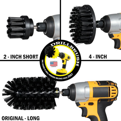 Images of the Drillbrush 2 inch Short, 4 inch, and Original Jumbo Ultra Stiff Black Grill & Industrial Brushes in cordless drills.