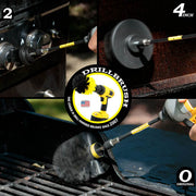 Action shots of an Ultra Stiff Black Original brush in a 5 inch extension cleaning grill grates, an Ultra Stiff Black 2 inch Short Drillbrush in a 5 inch extension cleaning knobs, and an Ultra Stiff Black 4 inch Drillbrush in a 5 inch extension cleaning a grill hood.