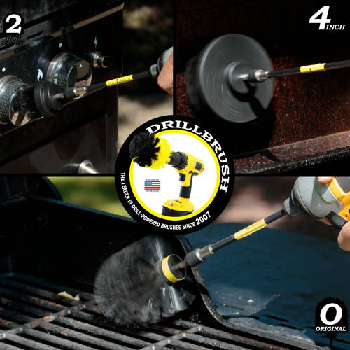 Action shots of an Ultra Stiff Black Original brush in a 5 inch extension cleaning grill grates, an Ultra Stiff Black 2 inch Short Drillbrush in a 5 inch extension cleaning knobs, and an Ultra Stiff Black 4 inch Drillbrush in a 5 inch extension cleaning a grill hood.