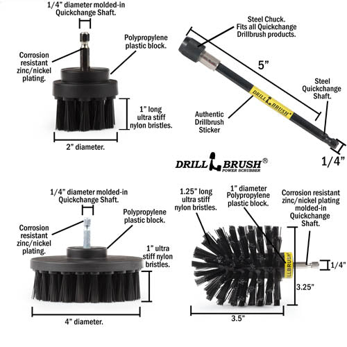 Specs for the Drillbrush 42O-5X Ultra Stiff Black Grill & Industrial Brush Kit.