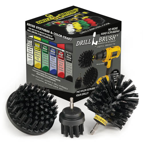 The Drillbrush 42O Ultra Stiff Black Grill & Industrial Brush Kit in front of the box it comes in.