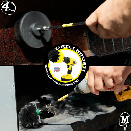 Action shots of an Ultra Stiff Black Mini Drillbrush in a 5 inch extension cleaning inside a grill cabinet and an Ultra Stiff 4 inch Drillbrush in a 5 inch extension cleaning a grill hood.