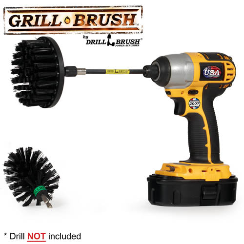 Drillbrush 4M-5X Ultra Stiff Black Grill & Industrial Brush Kit with a 4 inch brush in a 5 inch extension in a cordless drill.