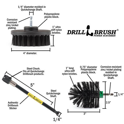Specs for the Drillbrush 4M-5X Ultra Stiff Black Grill & Industrial Brush Kit.