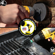 Action shots of an Ultra Stiff Black Mini Drillbrush cleaning grill grates and an Ultra Stiff 4 inch Drillbrush cleaning a burner shield.
