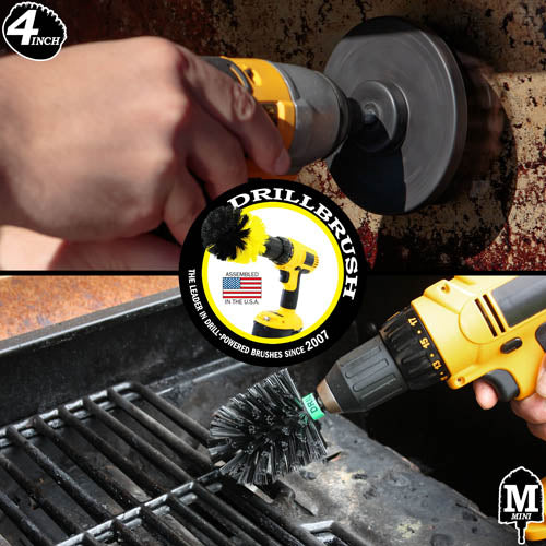 Action shots of an Ultra Stiff Black Mini Drillbrush cleaning grill grates and an Ultra Stiff 4 inch Drillbrush cleaning a burner shield.