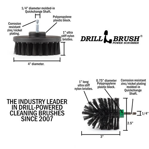Specs for the Drillbrush 4M Ultra Stiff Black Grill & Industrial Brush Kit.