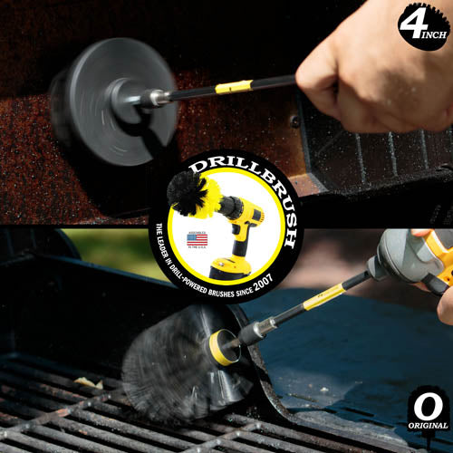 Action shots of an Ultra Stiff Black Original brush in a 5 inch extension cleaning grill grates and an Ultra Stiff 4 inch Drillbrush in a 5 inch extension cleaning a grill hood.