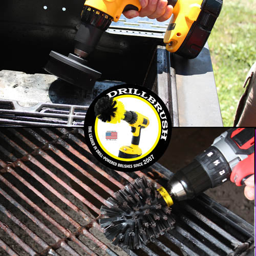 Action shots of an Ultra Stiff Black Original brush cleaning grill grates and an Ultra Stiff 4 inch Drillbrush cleaning a burner shield.