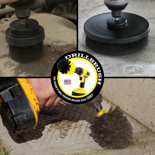 Action shots of an Ultra Stiff Black Original brush cleaning grout lines in concrete tiles, an Ultra Stiff Black 2 inch Short Drillbrush cleaning an engine block, and an Ultra Stiff 5 inch Drillbrush cleaning a concrete floor.