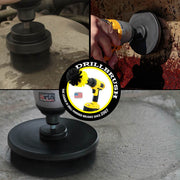 Action shots of an Ultra Stiff Black 2 inch Short Drillbrush cleaning an engine block, an Ultra Stiff Black 4 inch Drillbrush cleaning a grill burner shield, and an Ultra Stiff 5 inch Drillbrush cleaning a concrete floor.